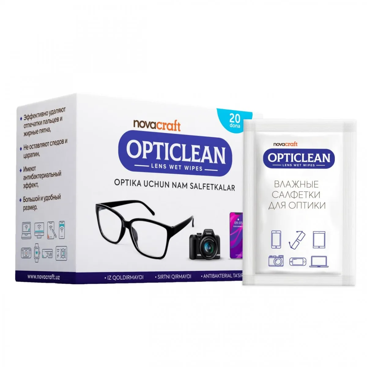 Влажные cалфетки для оптики и гаджетов Opticlean