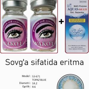 S3-671 TOPAZ BLUE  0.00 2PS с Раствором Цветные ГОЛУБЫЕ линзы, 2 Линзы+Раствор в Подарок