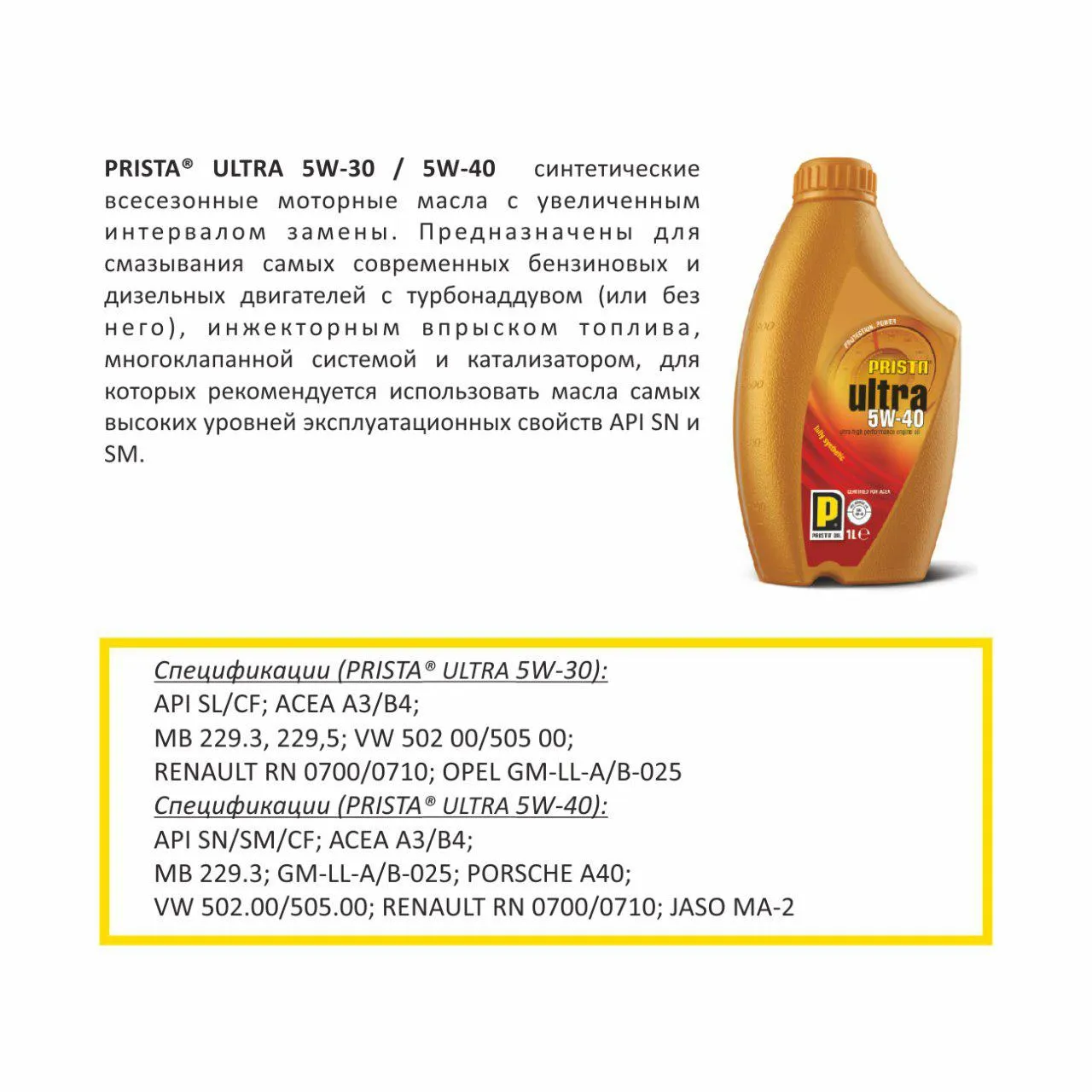 Синтетические, моторные масла Prista Ultra 5W-40