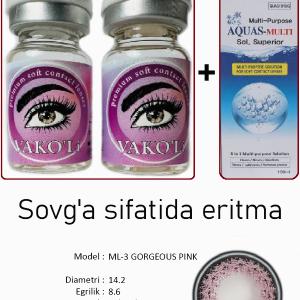 ML-3 GORGEOUS PINK  0.00 2PS с Раствором Цветные ФИОЛЕТОВЫЕ линзы, 2 Линзы+Раствор в Подарок